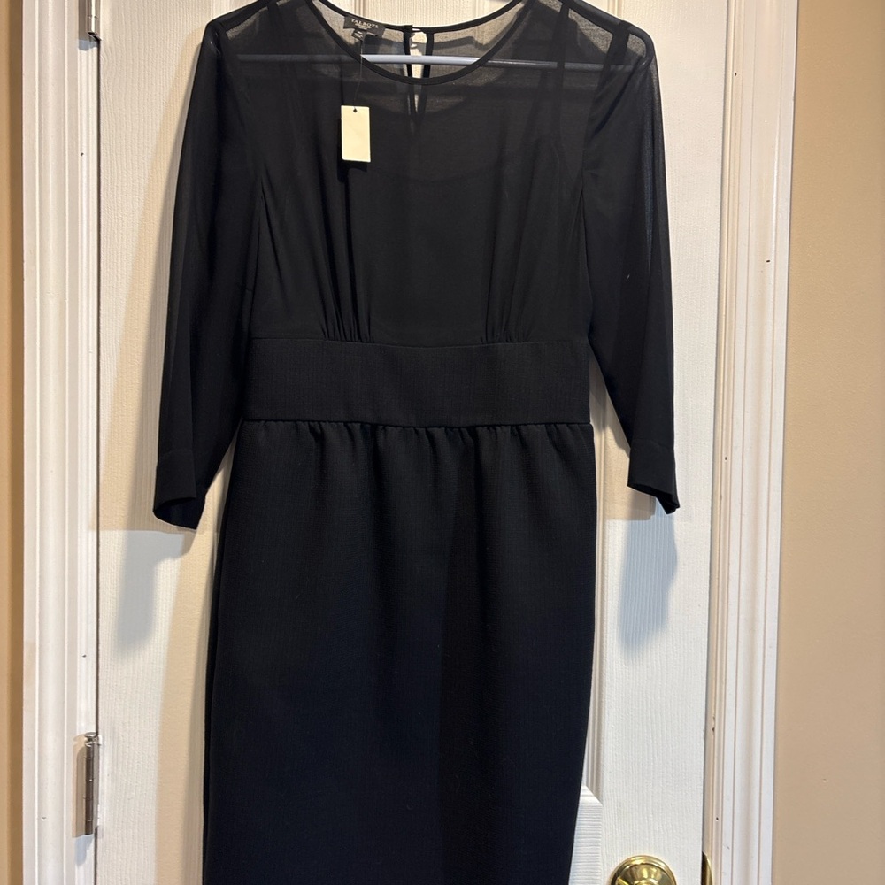 Talbots Petites Black Sheer Sleeve Sheath Dress Womens 4P Elegant Cocktail - Picture 2 of 4